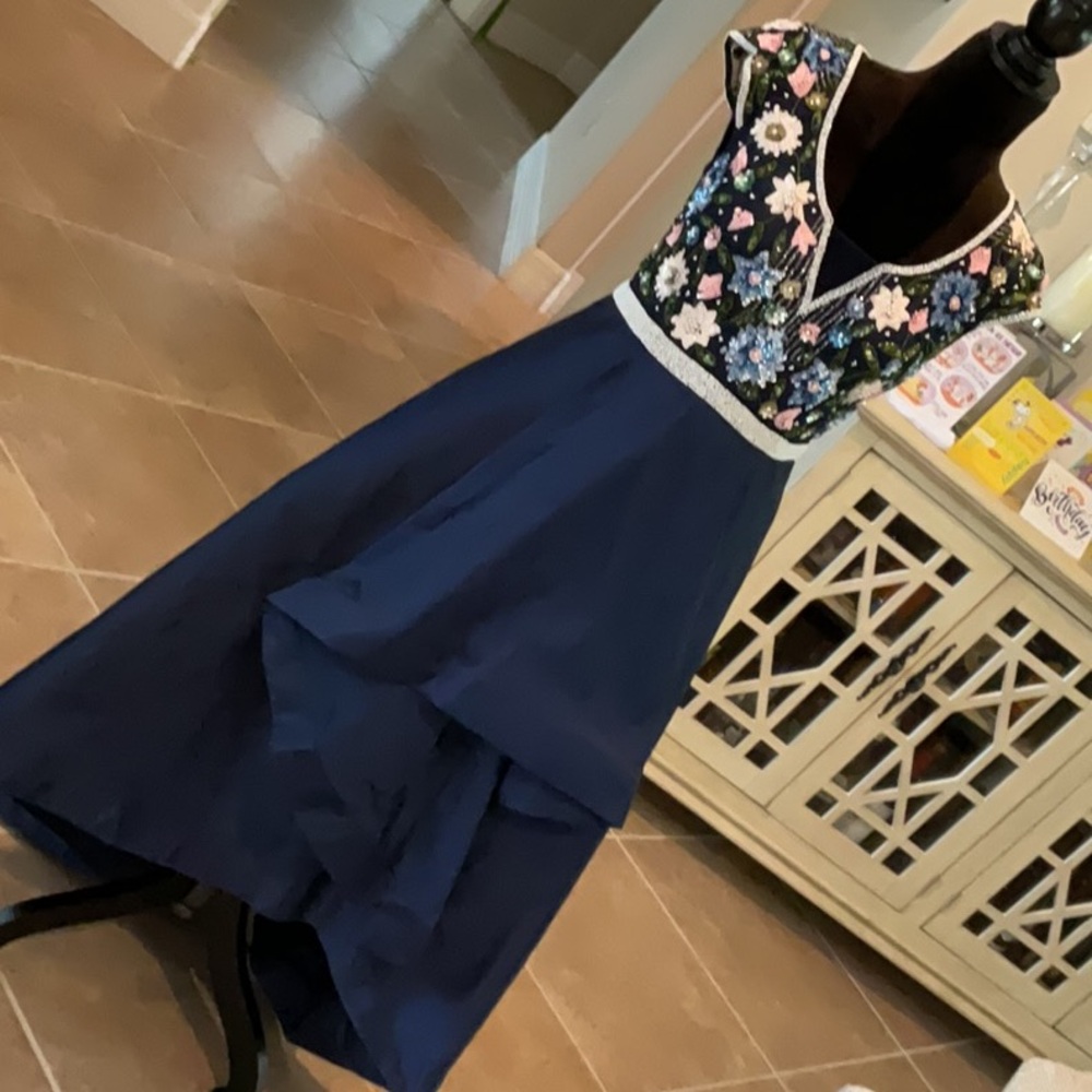Adrianna Papell Navy Blue Floral Beaded Bodice Dress